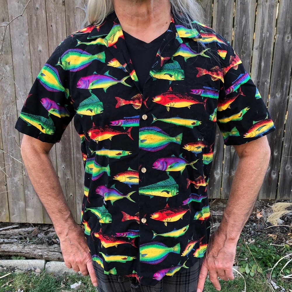 RJC LTD Hawaii Shirt Rainbow Fish Cotton Tiki Short Sleeves Tropical USA Vintage